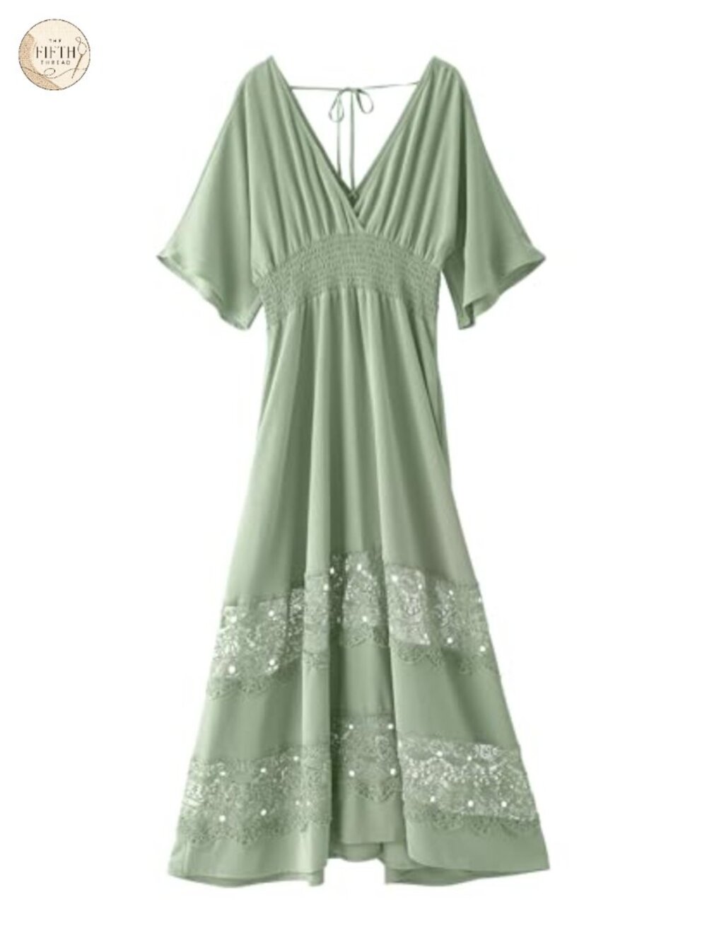 Boho Maxi Dress Lace V Neck Short Sleeve Smocked Waist Flowy A-Line